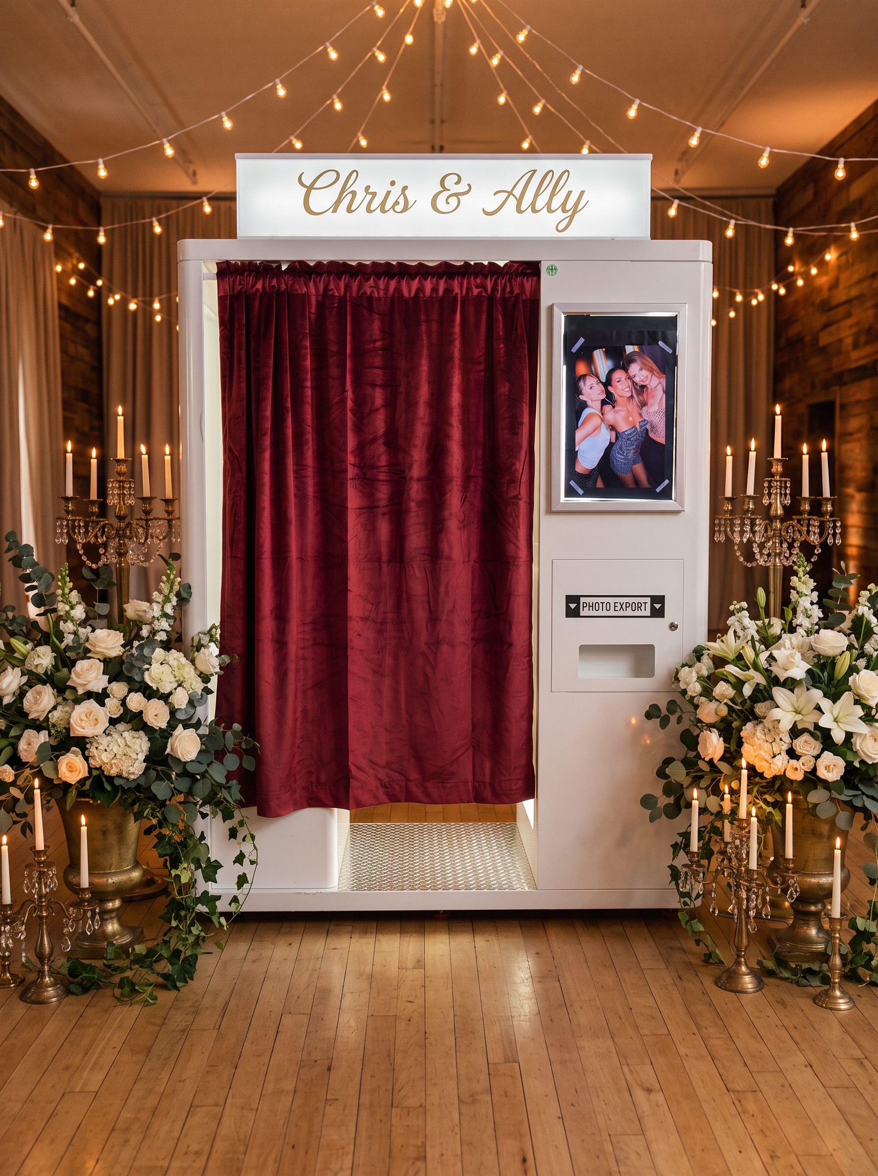 Big Easy Booth at a candlelit wedding with the marquee reading Chris & Ally